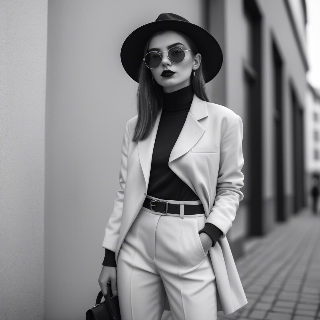 A stunning image of fashionable girl in a trendy monochrome outfit.