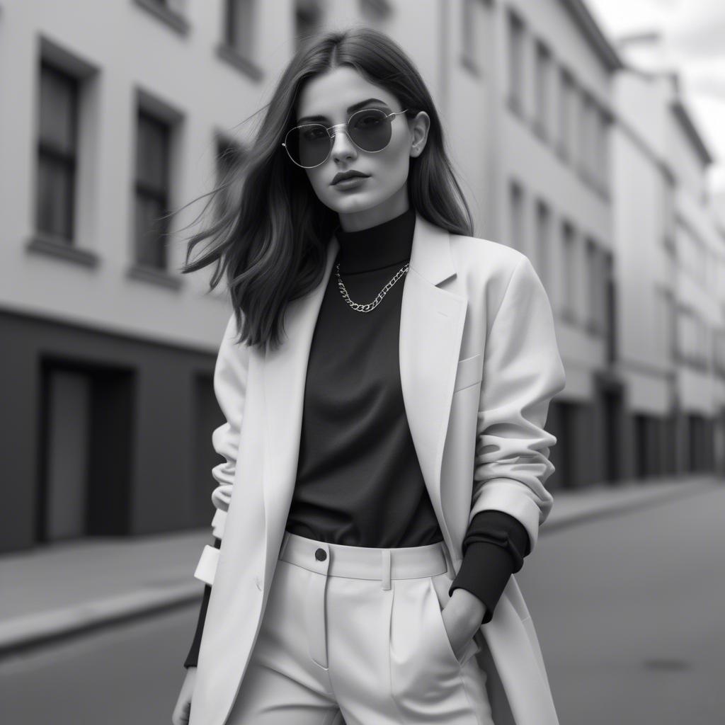 A stunning image of fashionable girl in a trendy monochrome outfit.