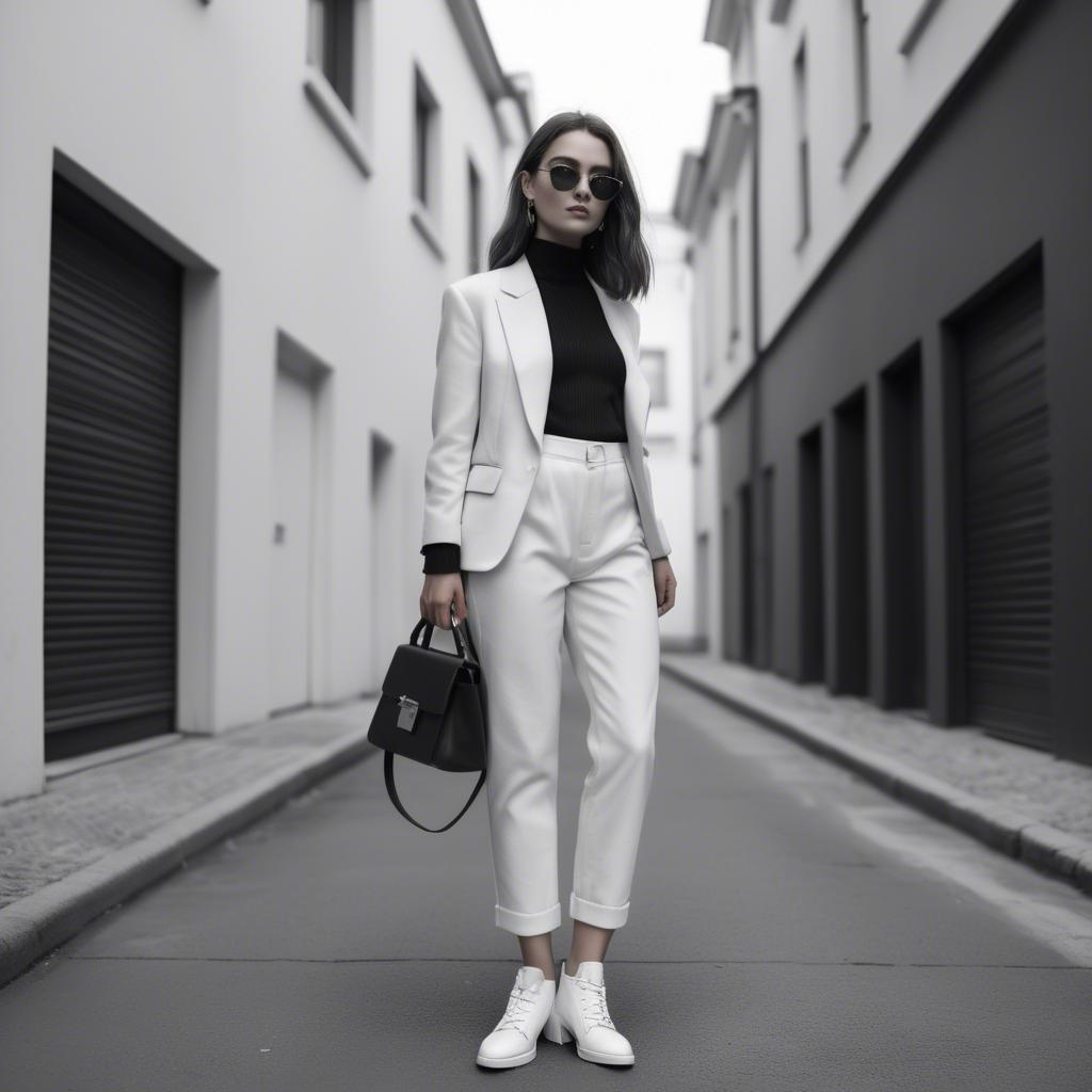 A stunning image of fashionable girl in a trendy monochrome outfit.