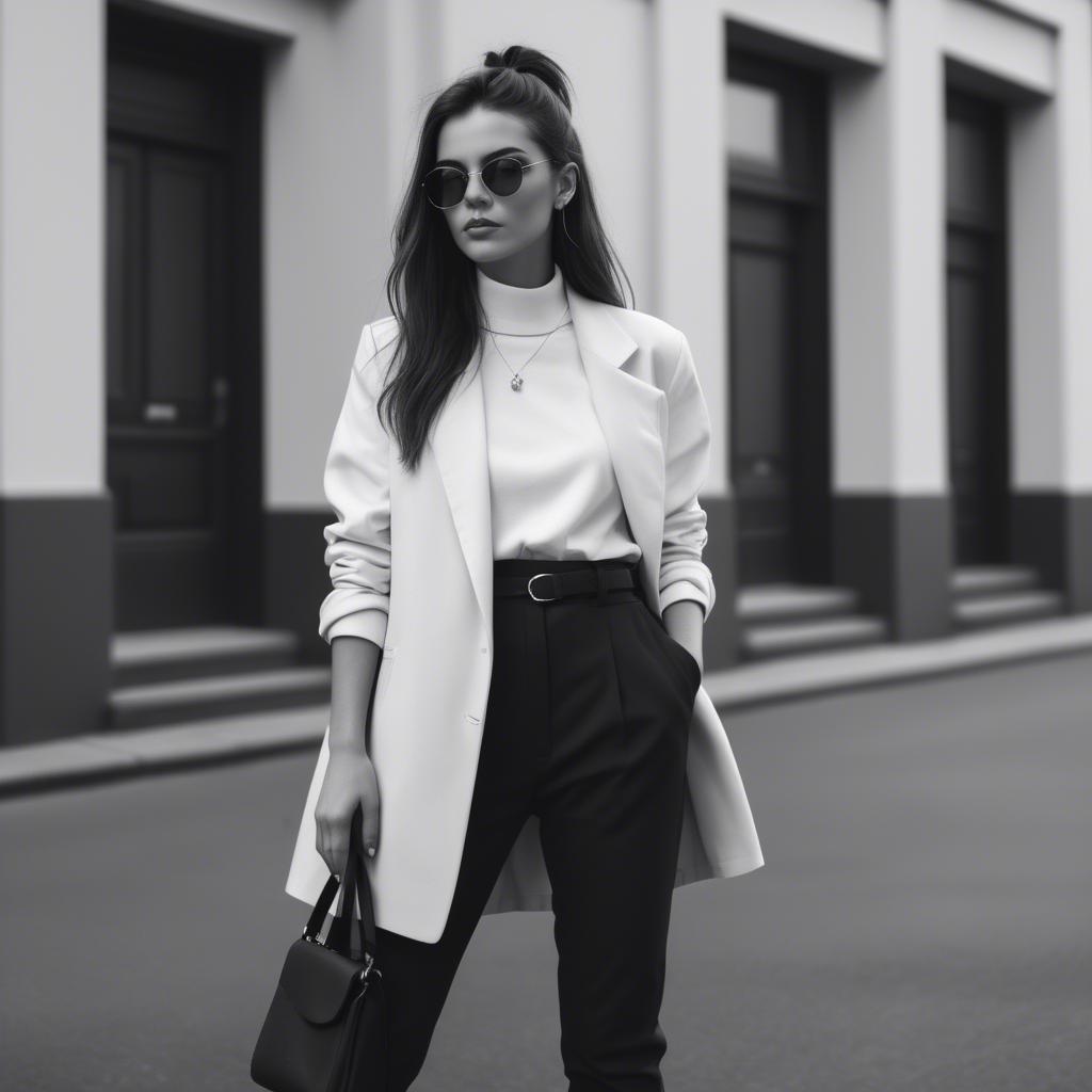 A stunning image of fashionable girl in a trendy monochrome outfit.