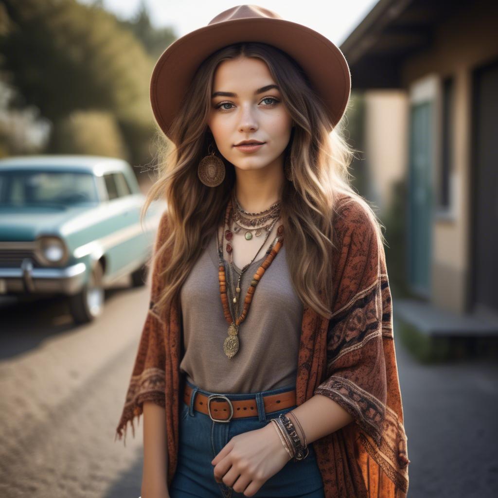 A stunning image of fashionable girl with a retro boho vibe.
