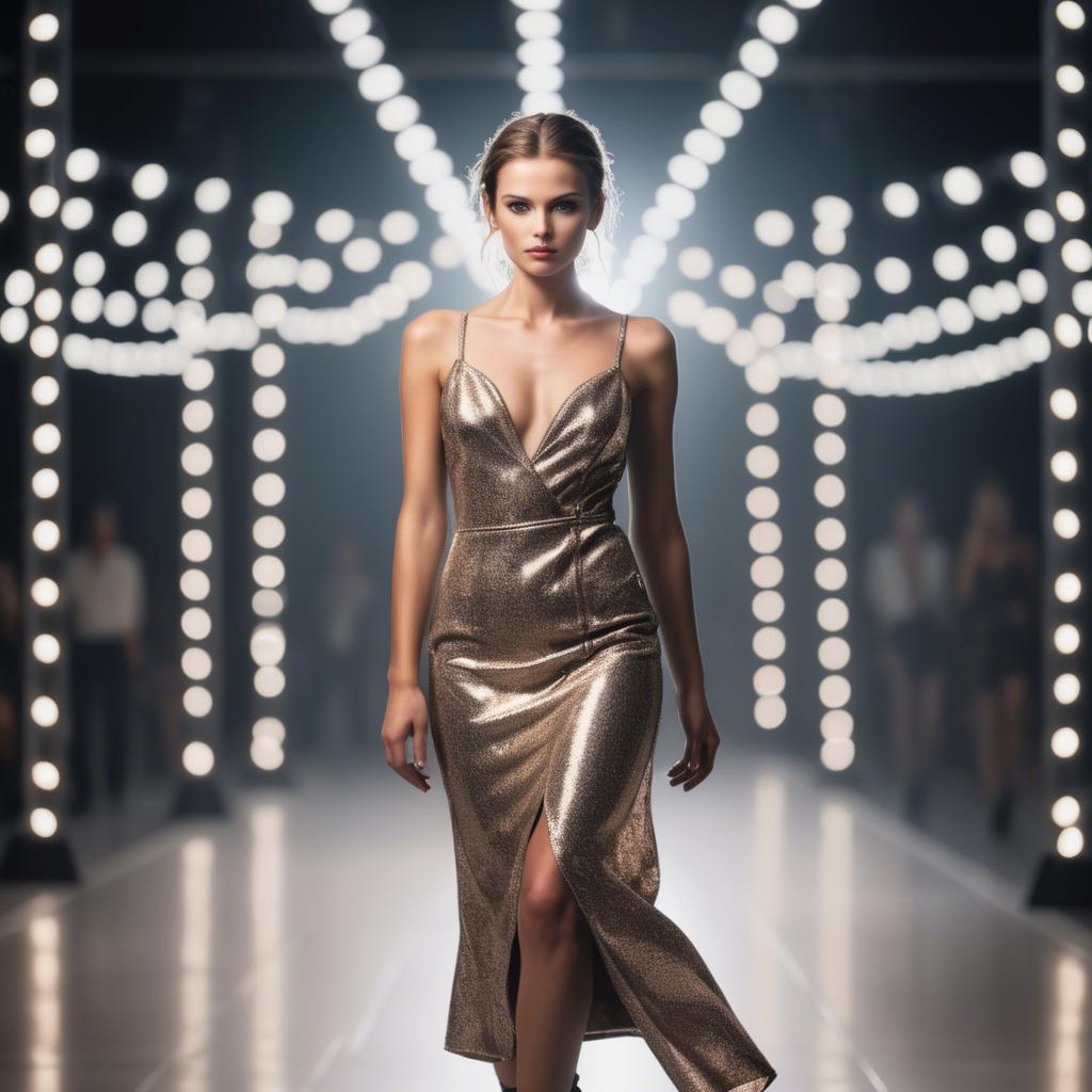 A stunning image of fashionable model on a runway with lights.
