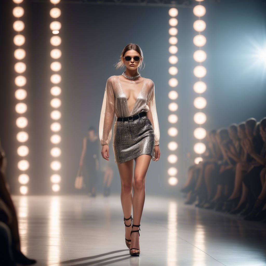 A stunning image of fashionable model on a runway with lights.