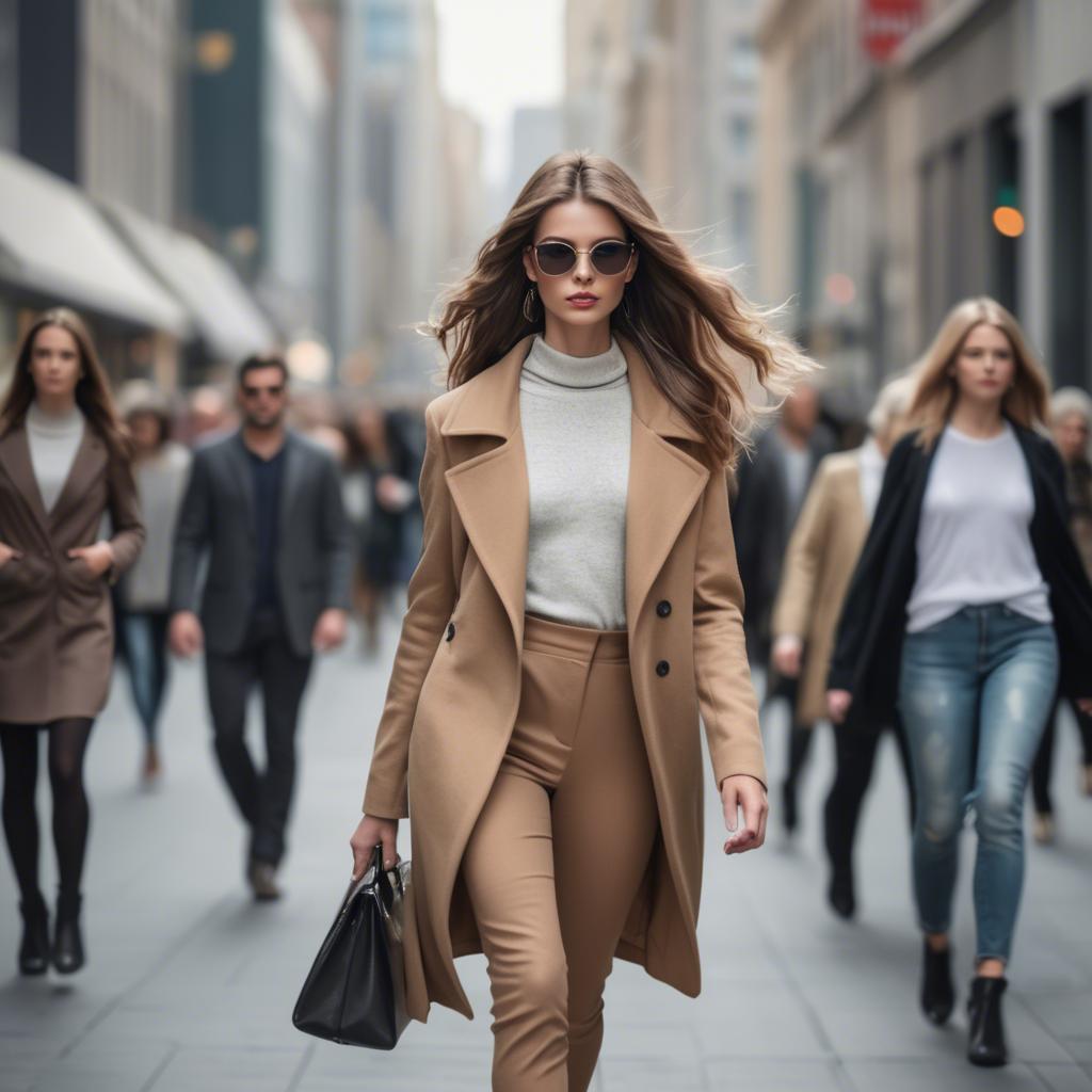 A stunning image of fashionable model walking in a bustling city.