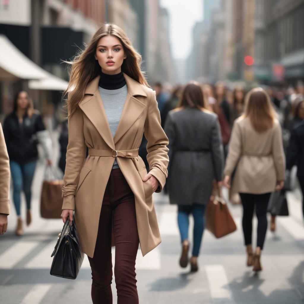 A stunning image of fashionable model walking in a bustling city.