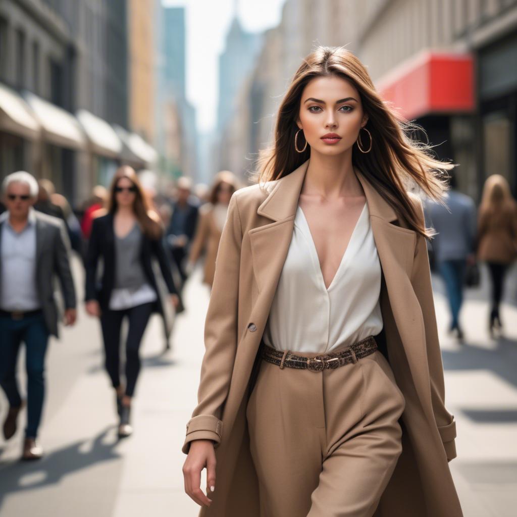A stunning image of fashionable model walking in a bustling city.