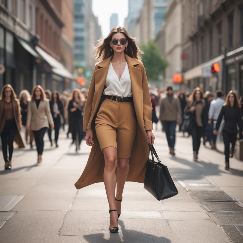 A stunning image of fashionable model walking in a bustling city.