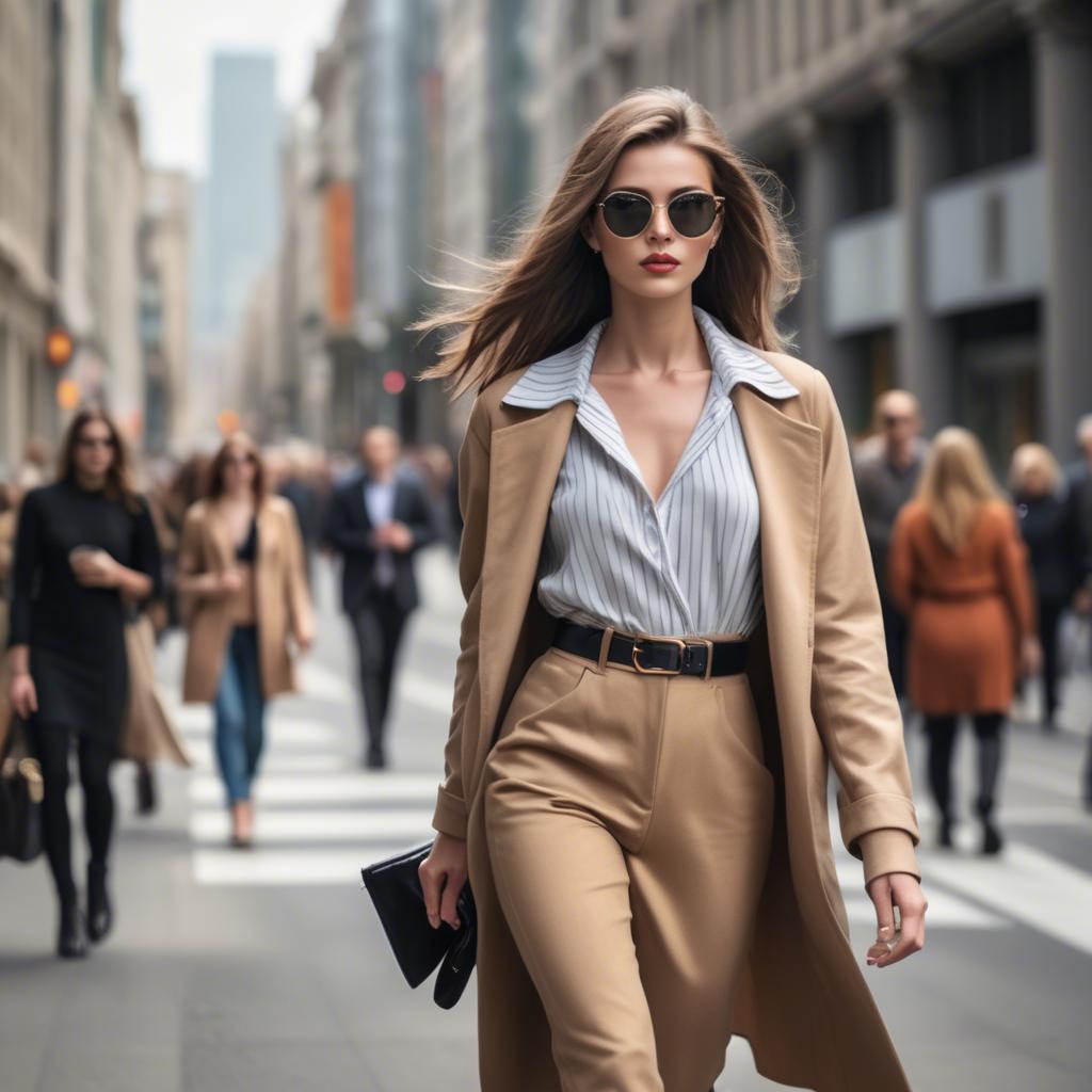 A stunning image of fashionable model walking in a bustling city.