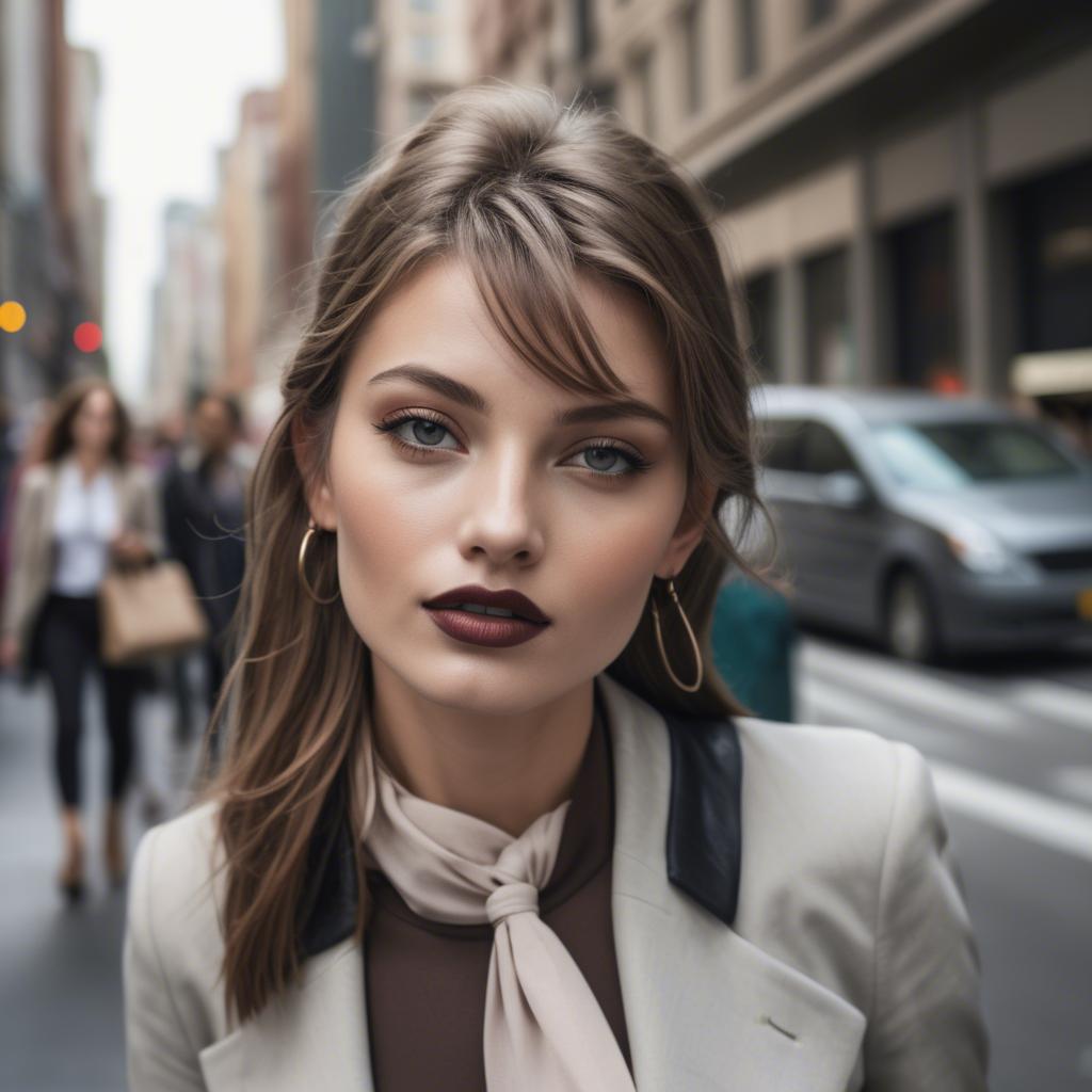 A stunning image of fashionable model walking in a bustling city.