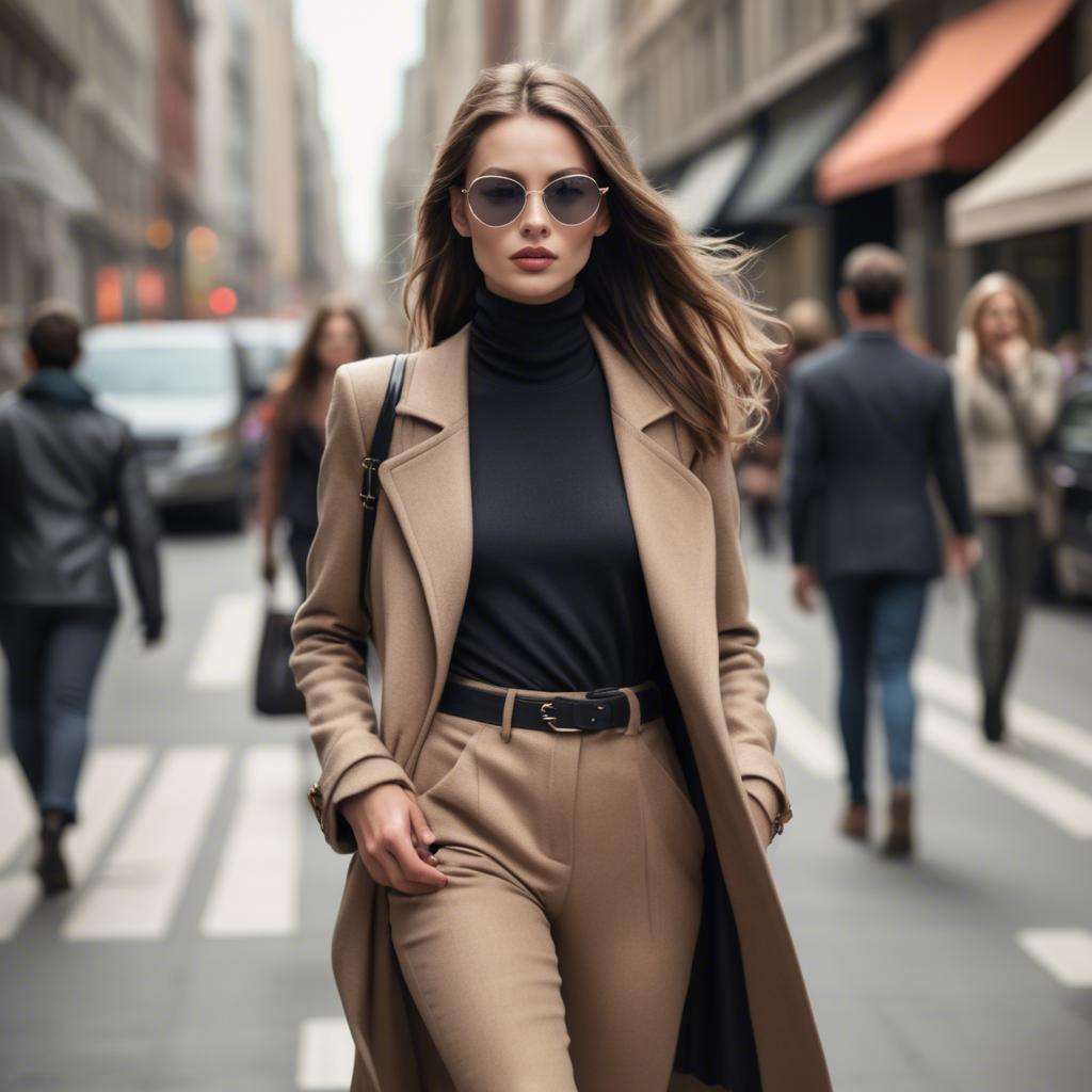A stunning image of fashionable model walking in a bustling city.