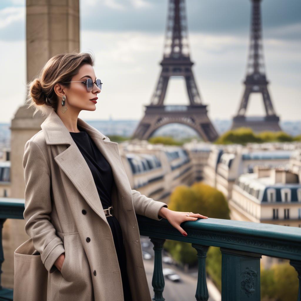 A stunning image of fashionable parisian woman with a view of the eiffel tower.