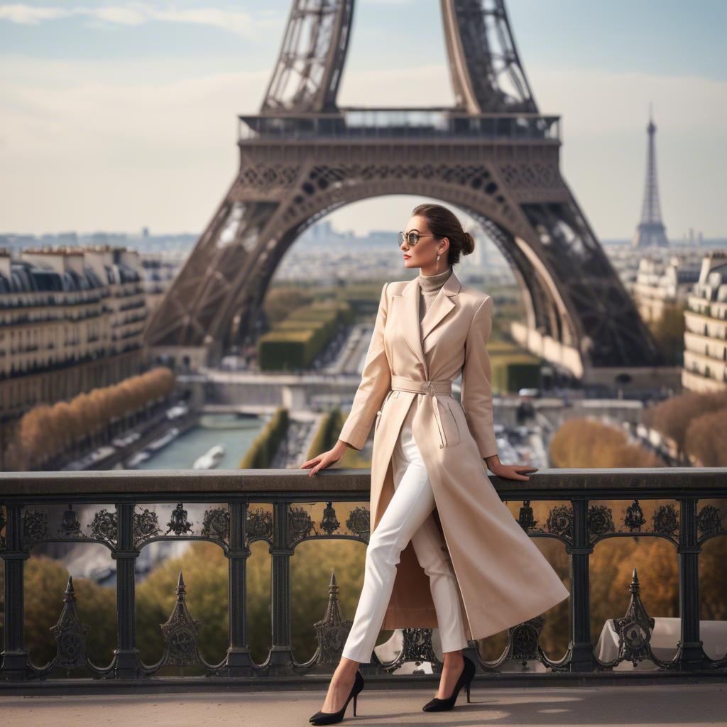A stunning image of fashionable parisian woman with a view of the eiffel tower.
