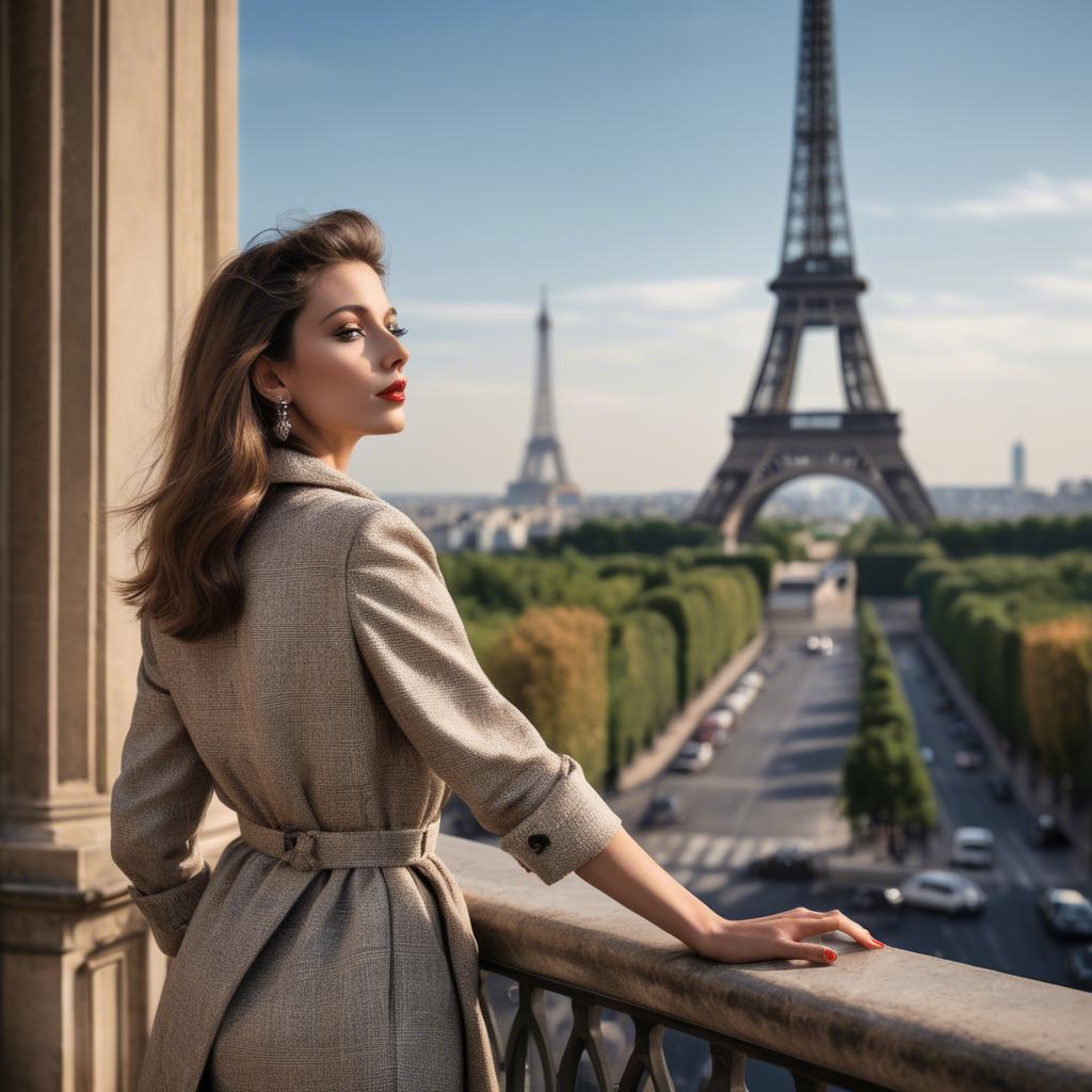 A stunning image of fashionable parisian woman with a view of the eiffel tower.