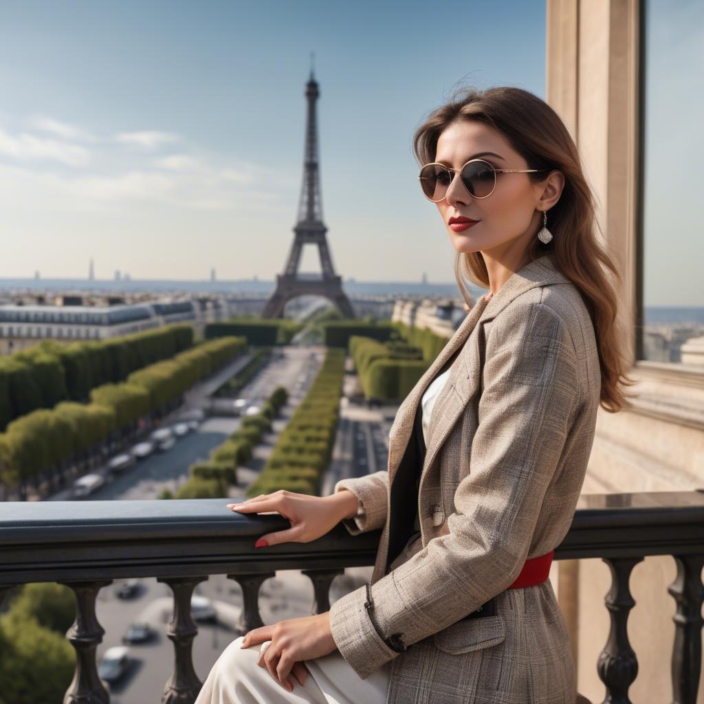 A stunning image of fashionable parisian woman with a view of the eiffel tower.