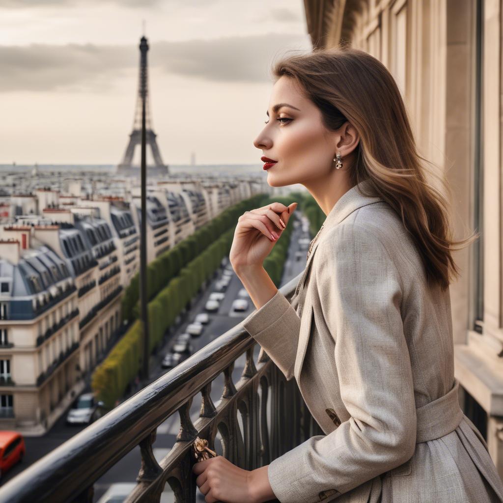 A stunning image of fashionable parisian woman with a view of the eiffel tower.