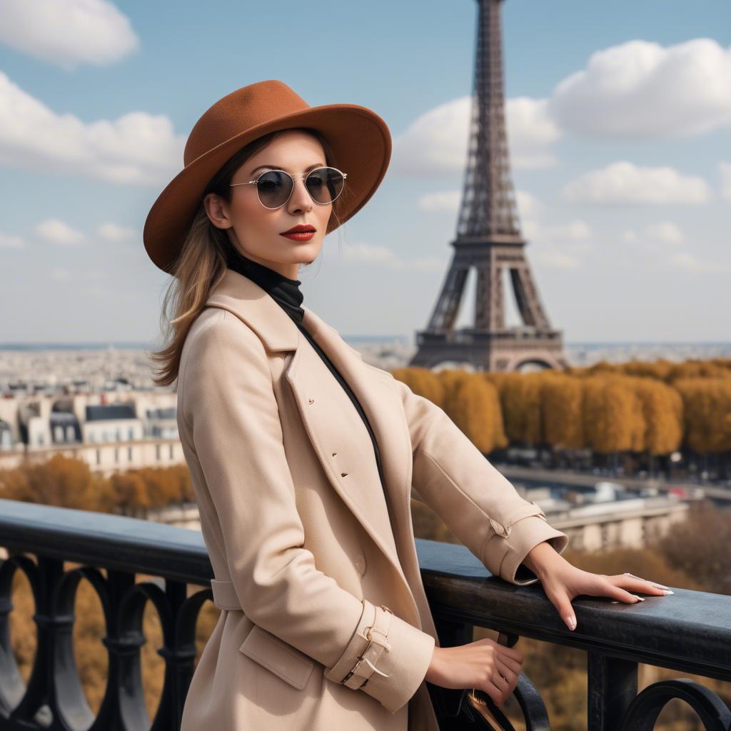 A stunning image of fashionable parisian woman with a view of the eiffel tower.