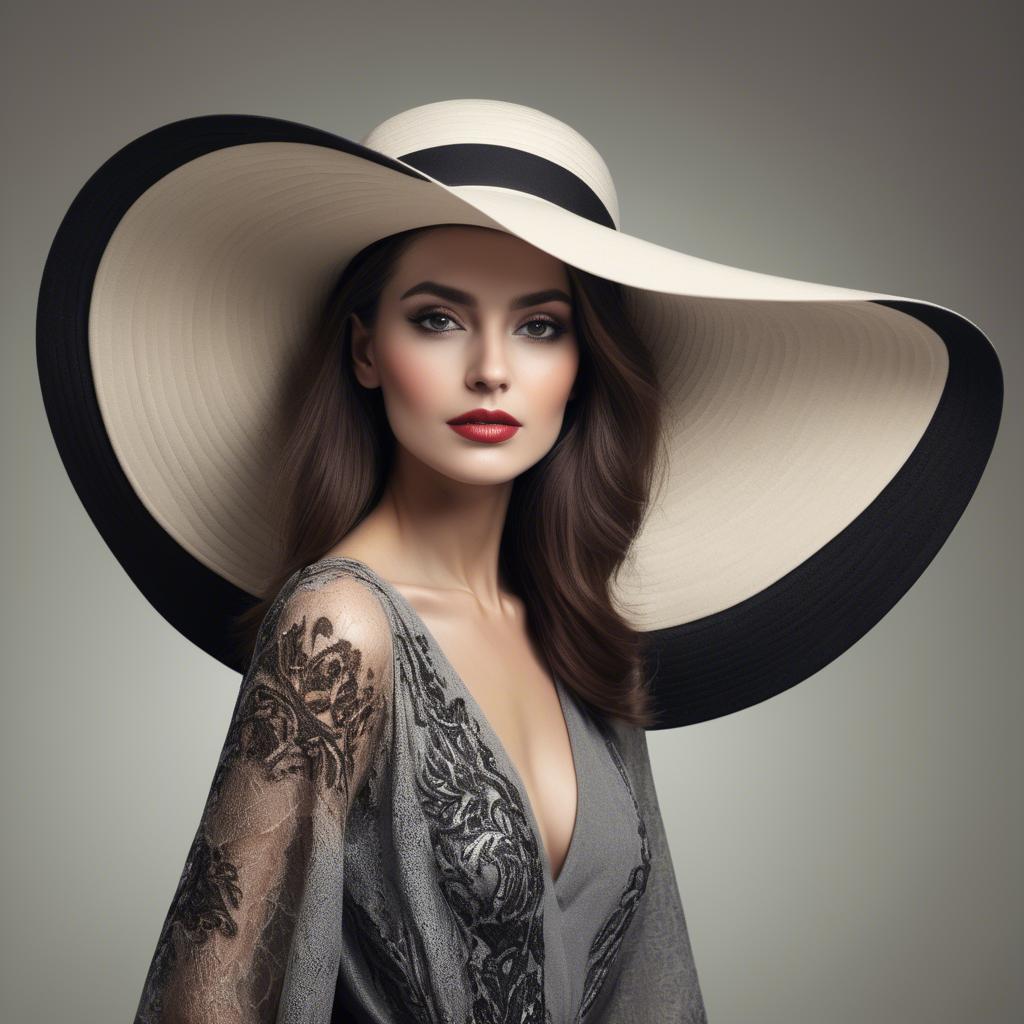 A stunning image of fashionable woman with a dramatic wide-brim hat.