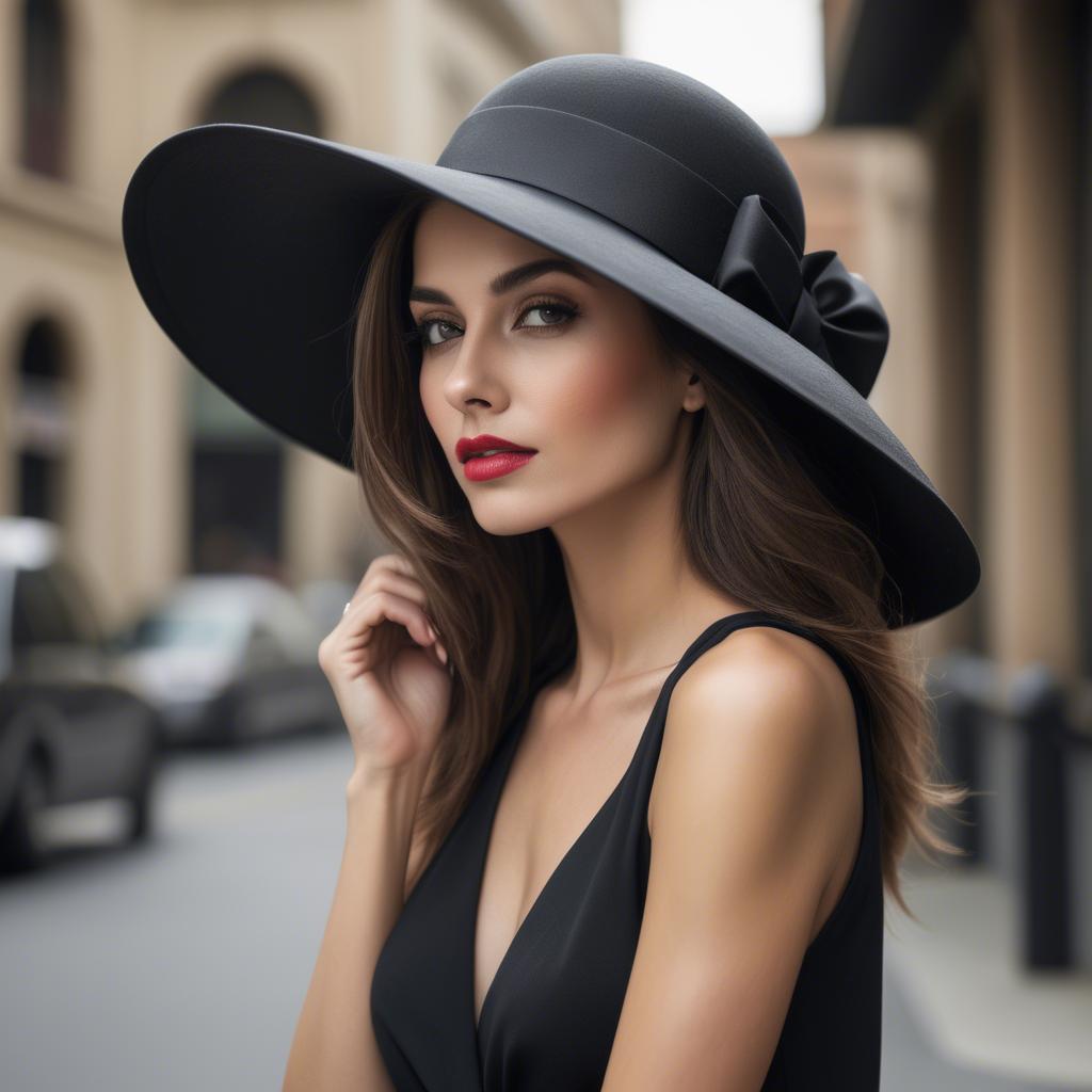 A stunning image of fashionable woman with a dramatic wide-brim hat.
