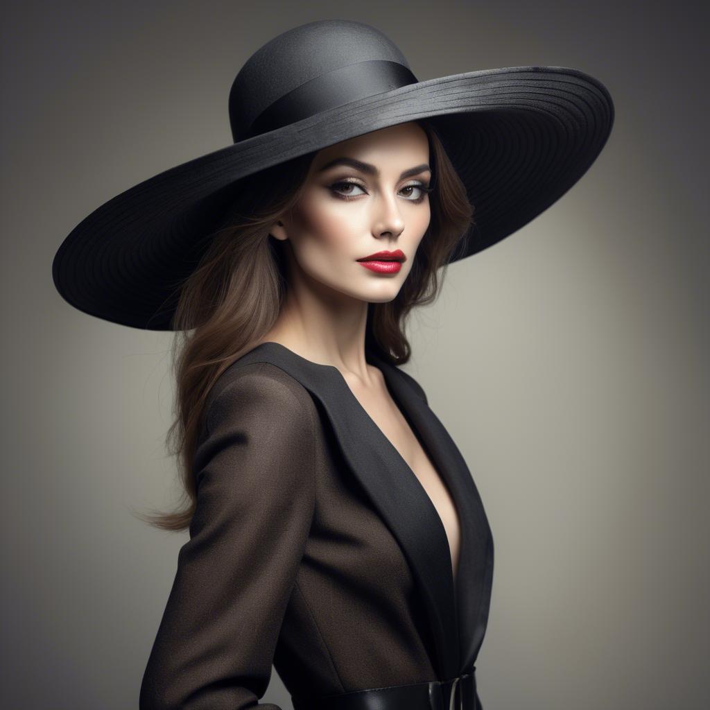 A stunning image of fashionable woman with a dramatic wide-brim hat.
