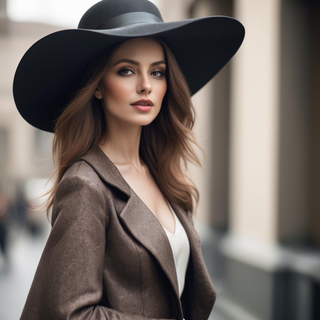 A stunning image of fashionable woman with a dramatic wide-brim hat.