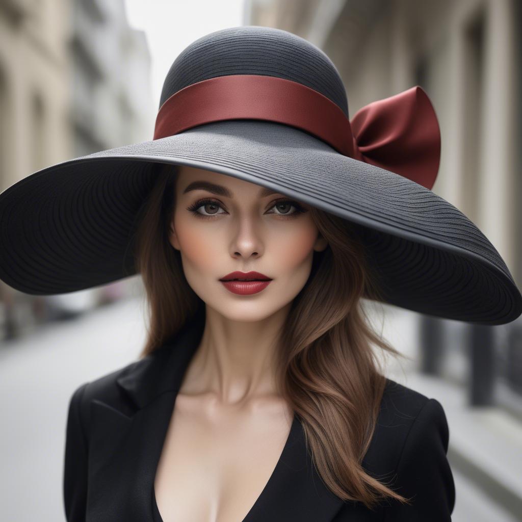 A stunning image of fashionable woman with a dramatic wide-brim hat.