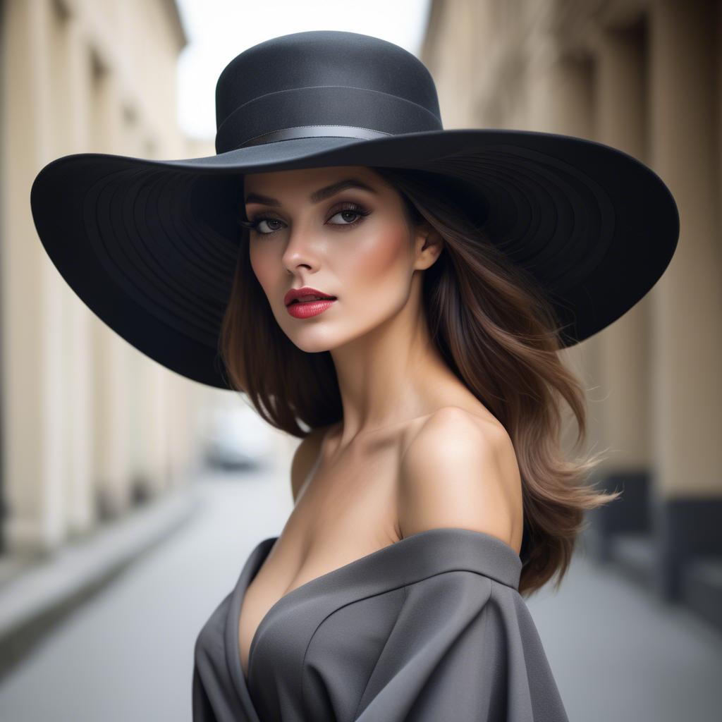 A stunning image of fashionable woman with a dramatic wide-brim hat.