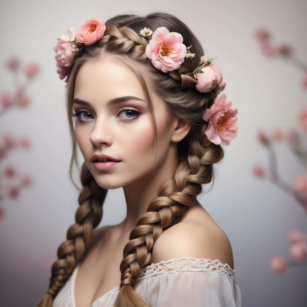 A stunning image of feminine beauty with flowers braided into her hair.