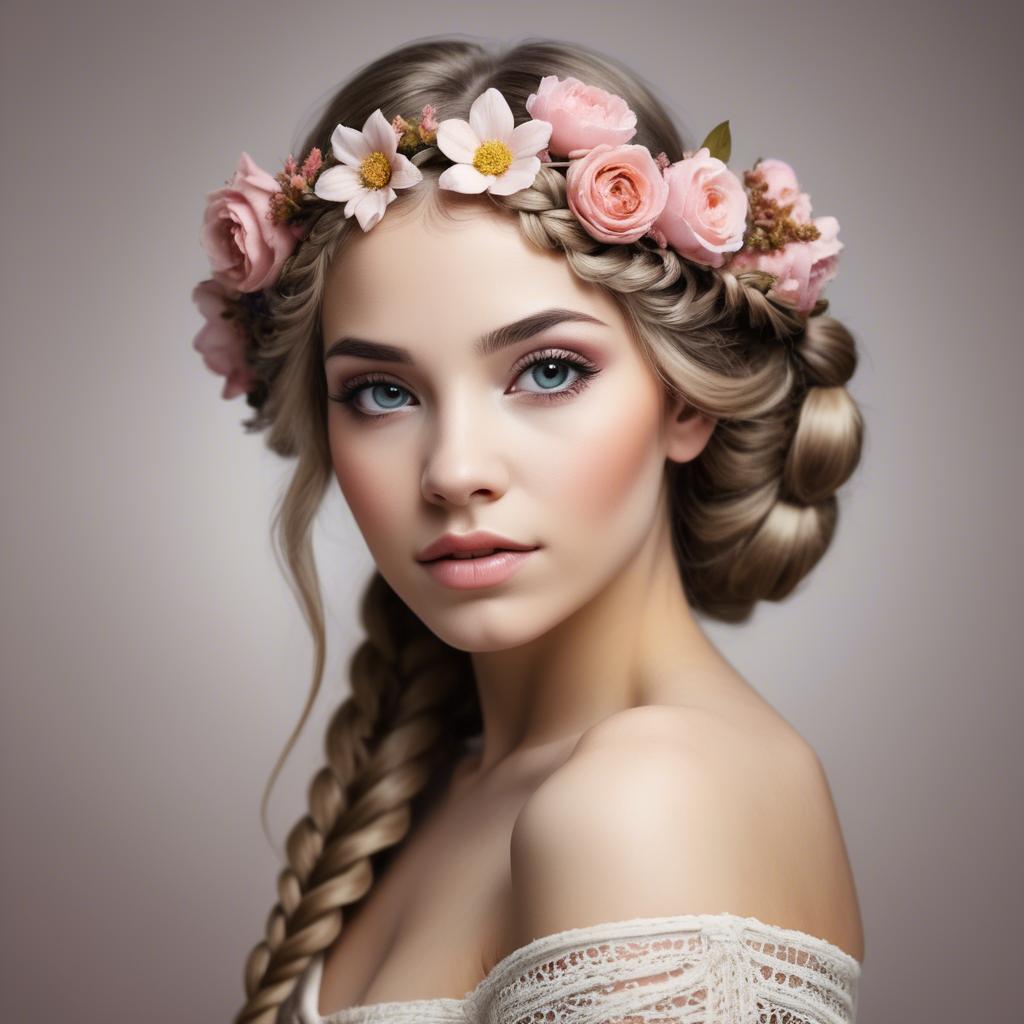 A stunning image of feminine beauty with flowers braided into her hair.