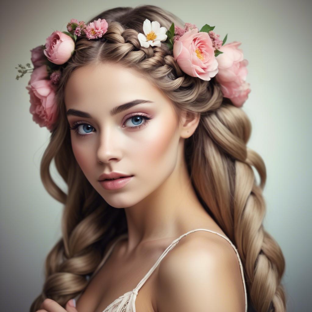 A stunning image of feminine beauty with flowers braided into her hair.