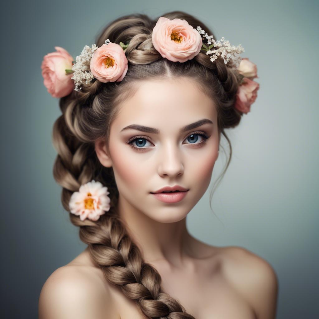 A stunning image of feminine beauty with flowers braided into her hair.