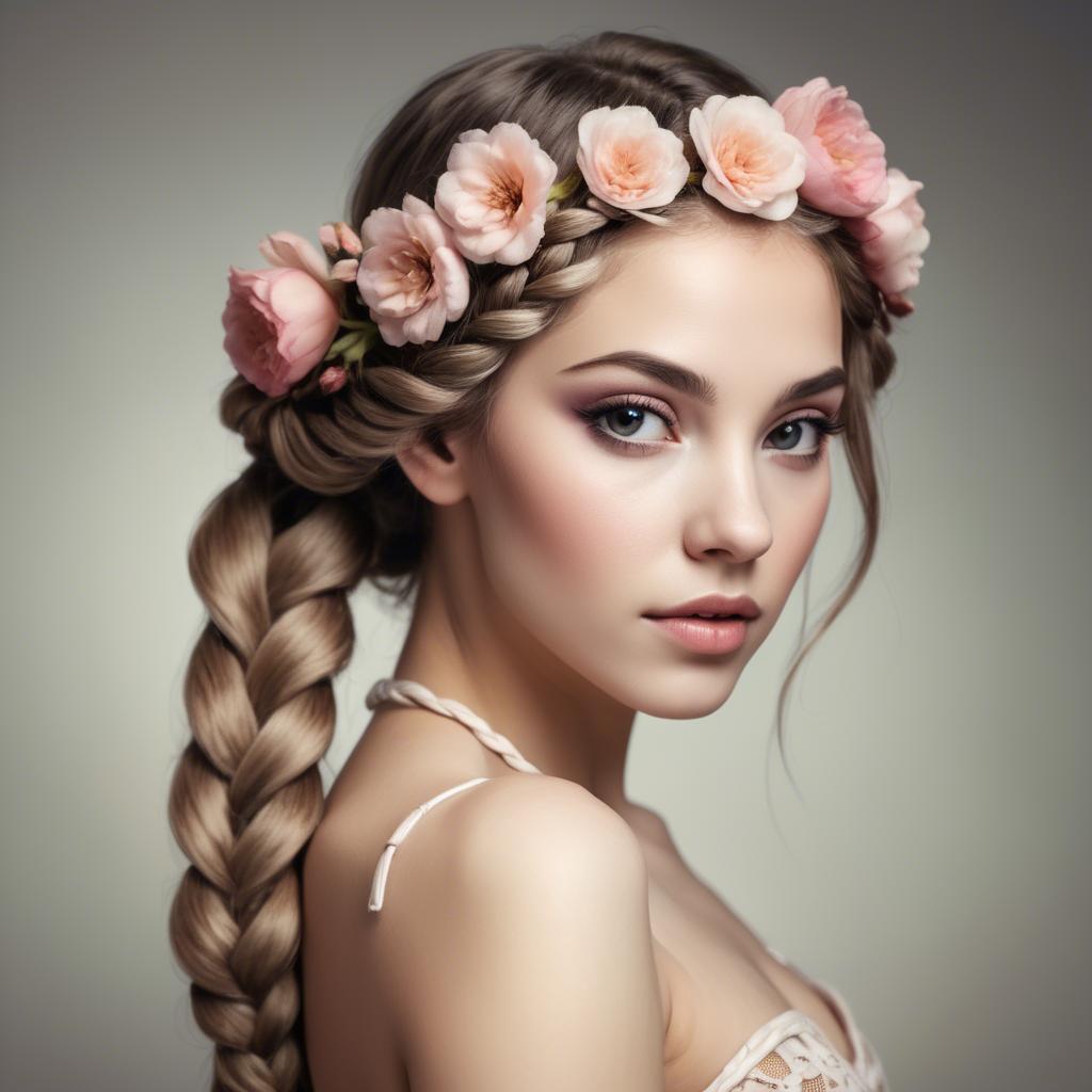 A stunning image of feminine beauty with flowers braided into her hair.
