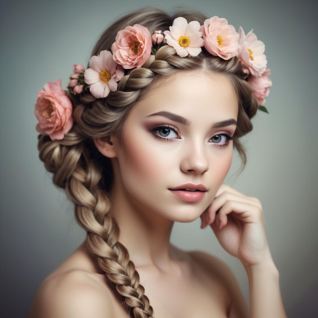 A stunning image of feminine beauty with flowers braided into her hair.