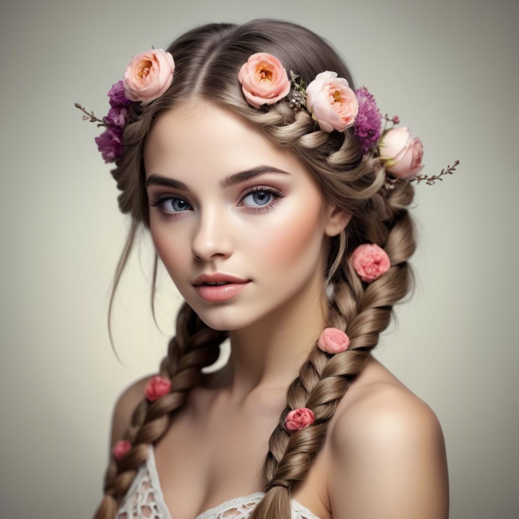 A stunning image of feminine beauty with flowers braided into her hair.