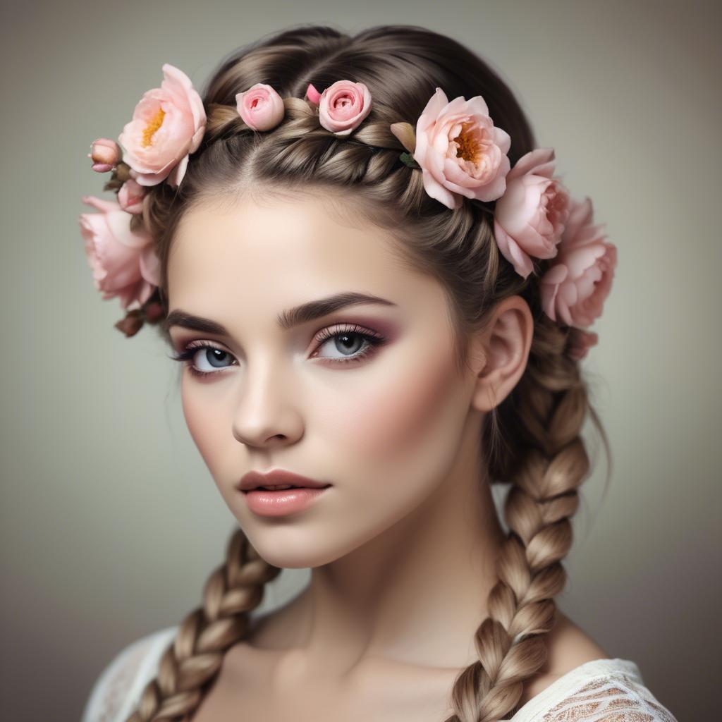 A stunning image of feminine beauty with flowers braided into her hair.