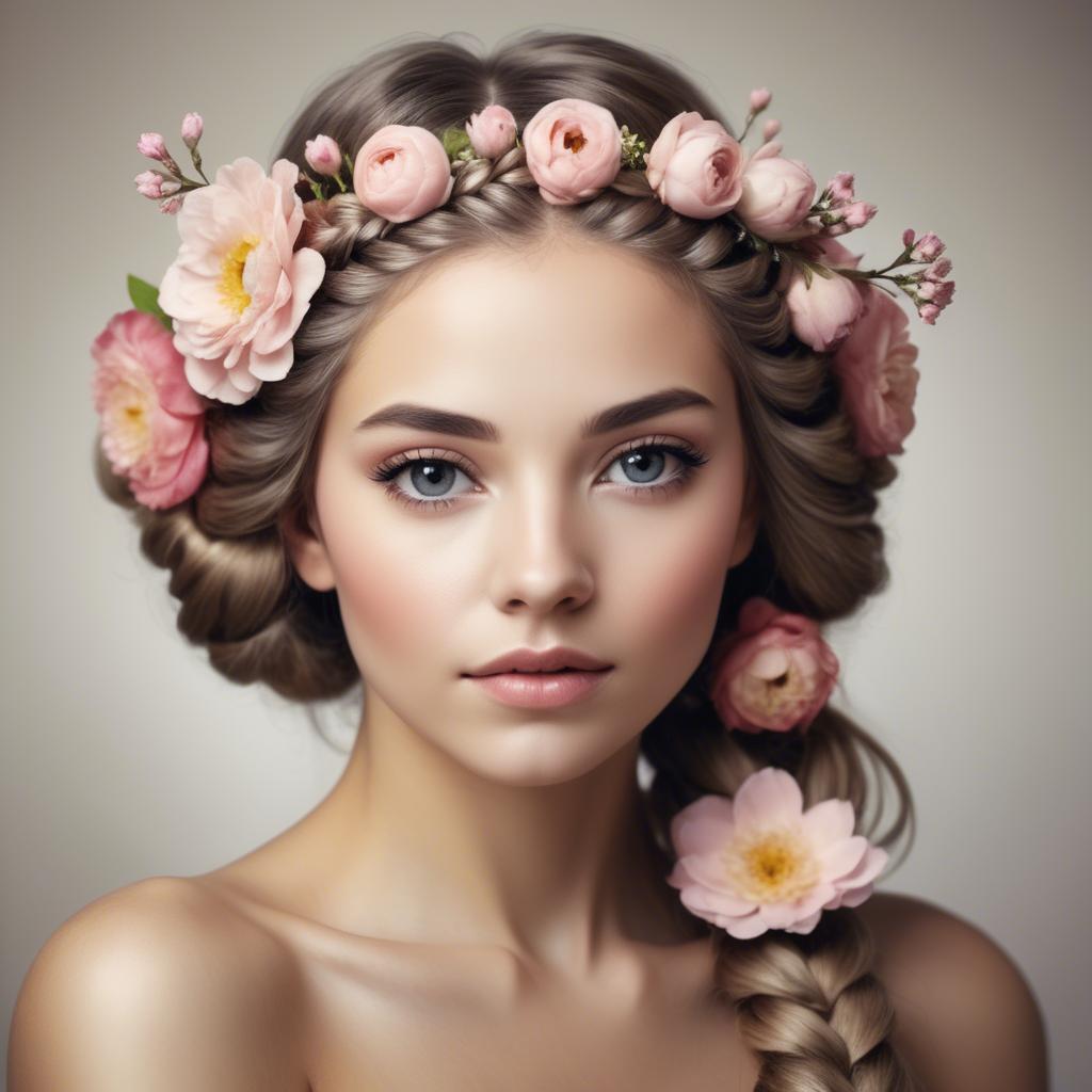 A stunning image of feminine beauty with flowers braided into her hair.