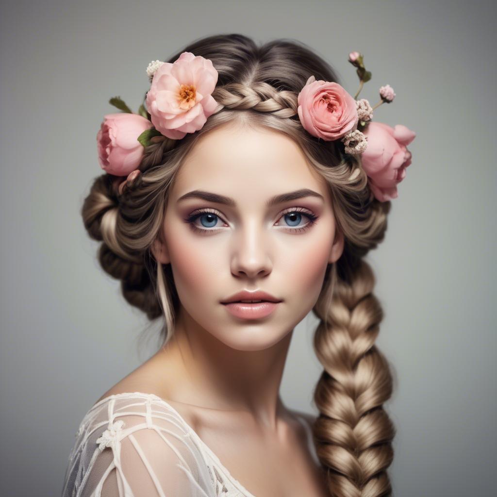 A stunning image of feminine beauty with flowers braided into her hair.