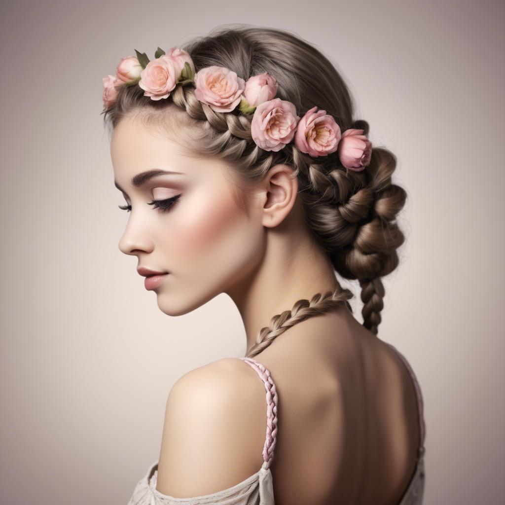 A stunning image of feminine beauty with flowers braided into her hair.