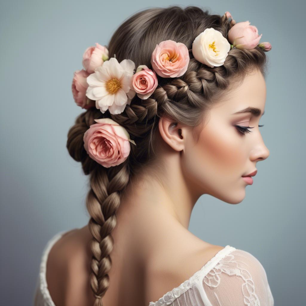A stunning image of feminine beauty with flowers braided into her hair.