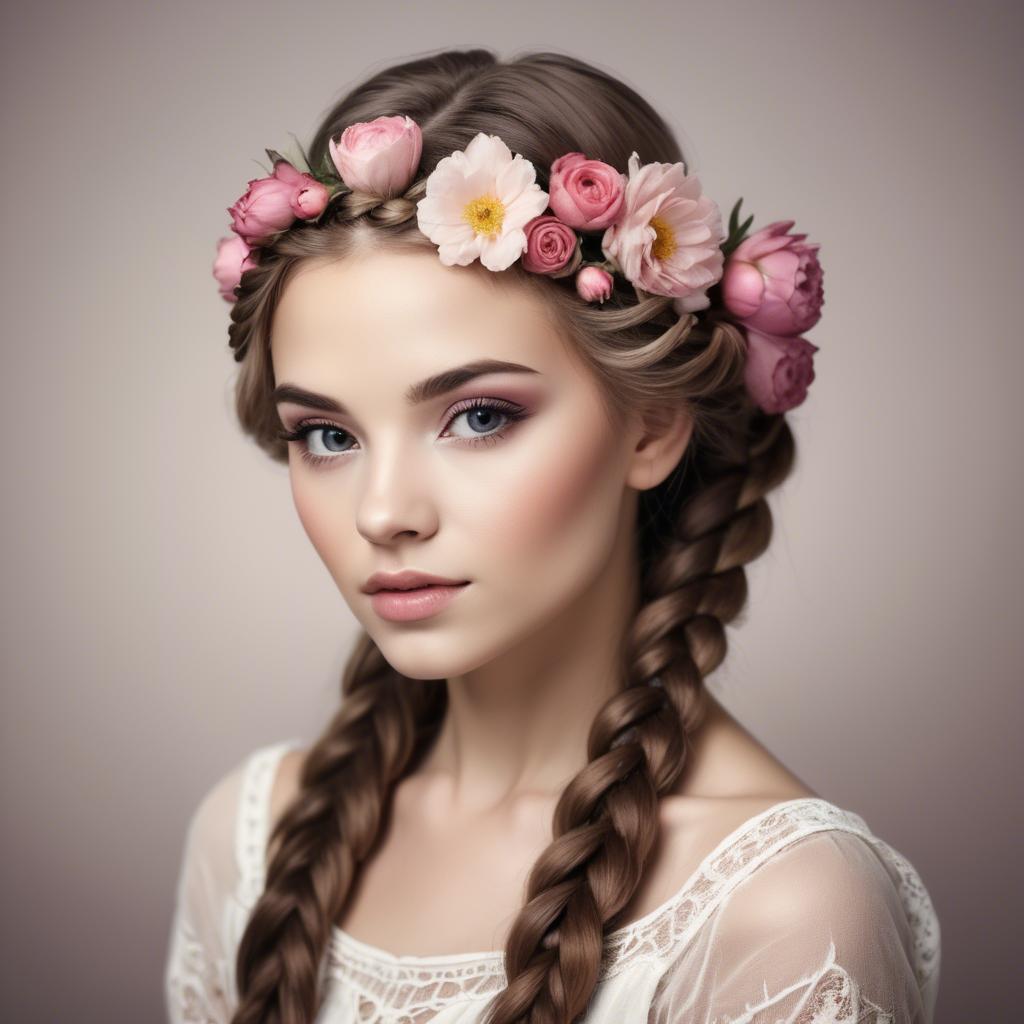 A stunning image of feminine beauty with flowers braided into her hair.
