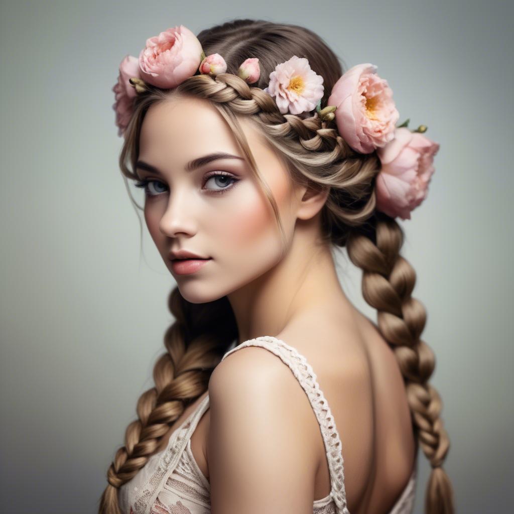 A stunning image of feminine beauty with flowers braided into her hair.