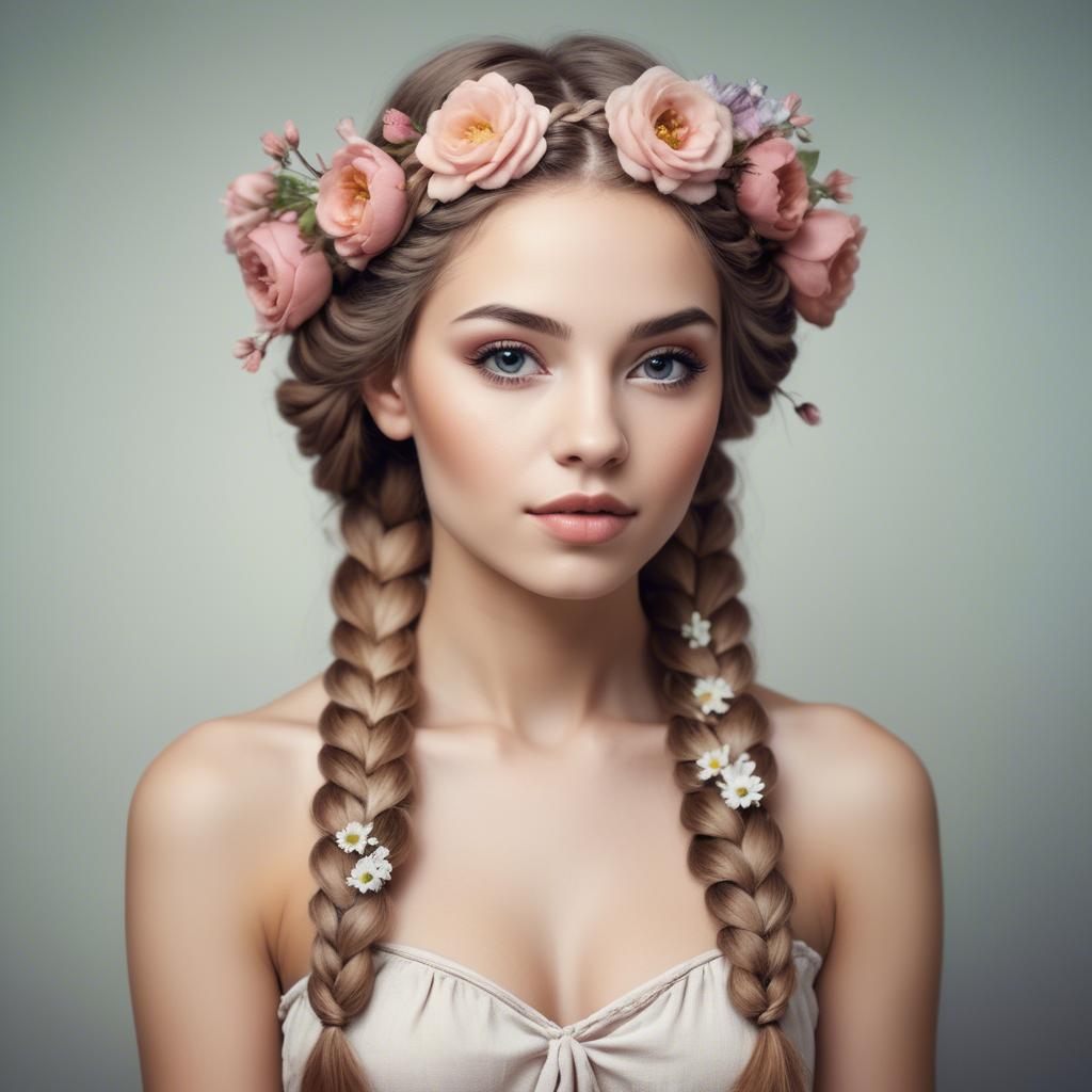 A stunning image of feminine beauty with flowers braided into her hair.
