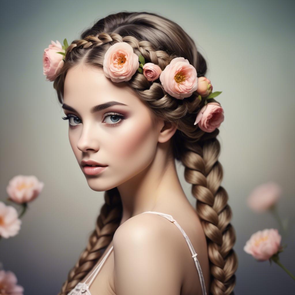 A stunning image of feminine beauty with flowers braided into her hair.