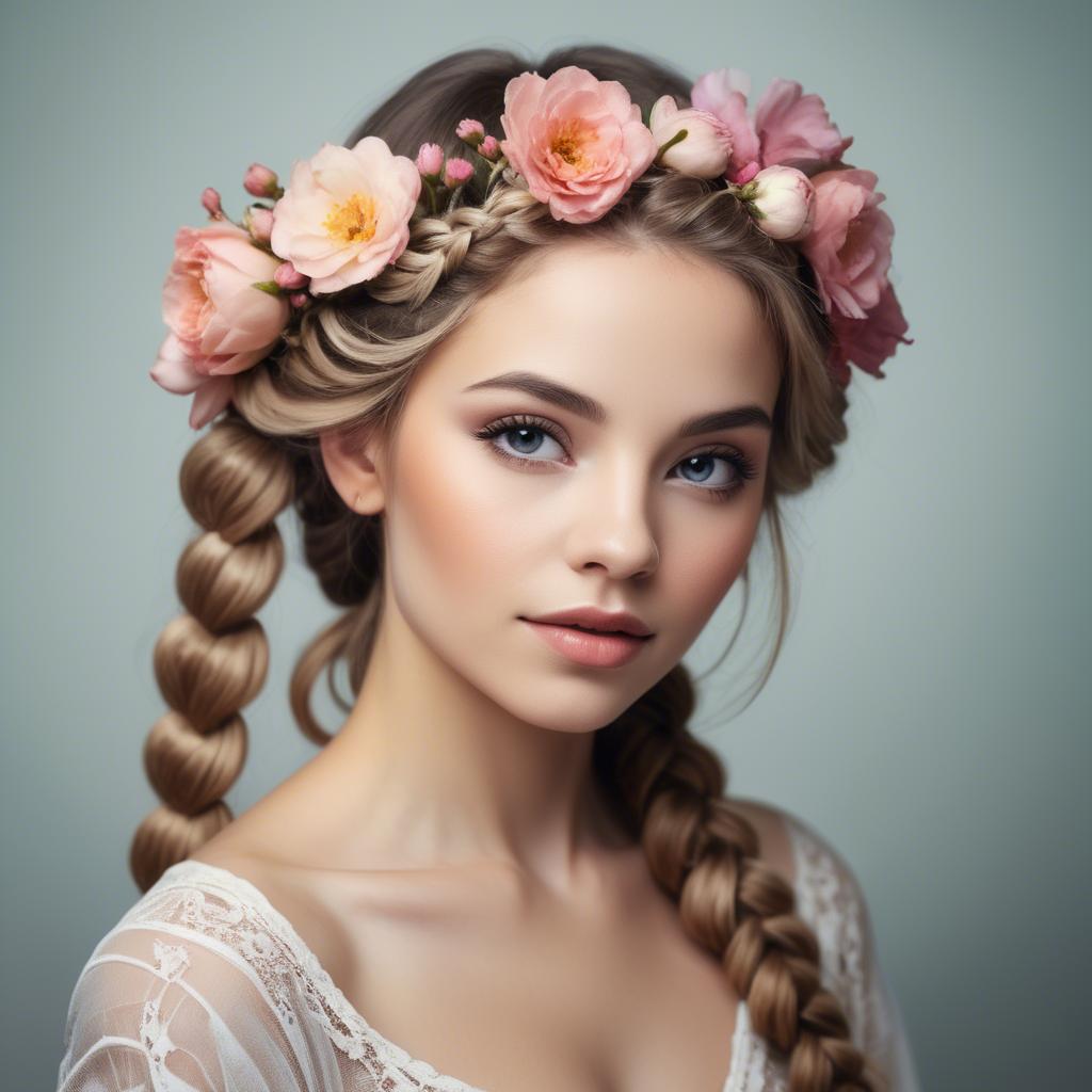 A stunning image of feminine beauty with flowers braided into her hair.