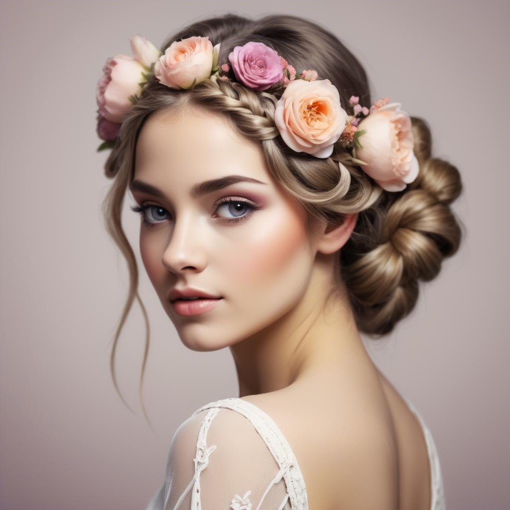 A stunning image of feminine beauty with flowers braided into her hair.