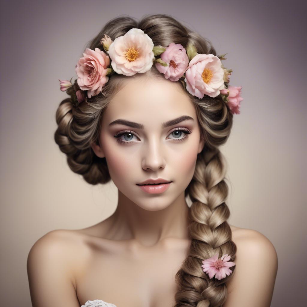 A stunning image of feminine beauty with flowers braided into her hair.