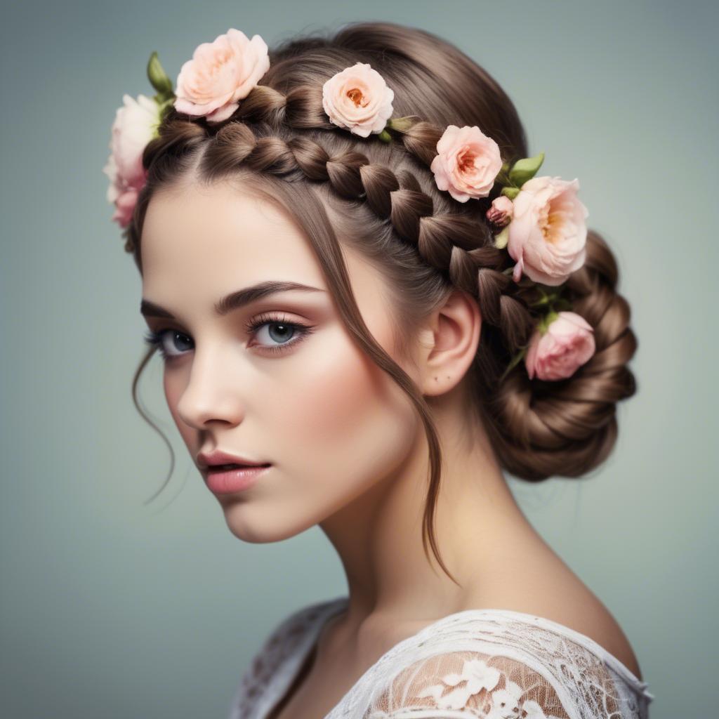 A stunning image of feminine beauty with flowers braided into her hair.