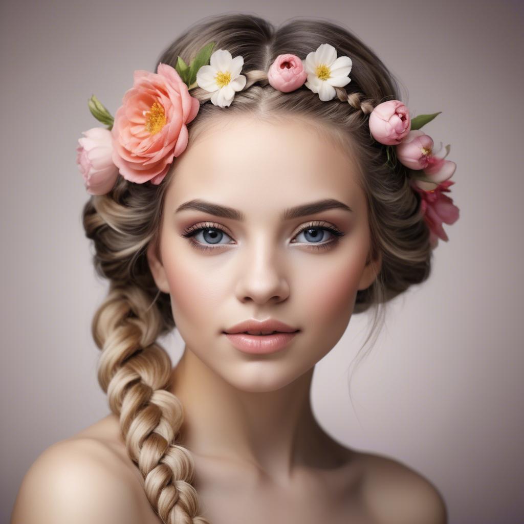 A stunning image of feminine beauty with flowers braided into her hair.
