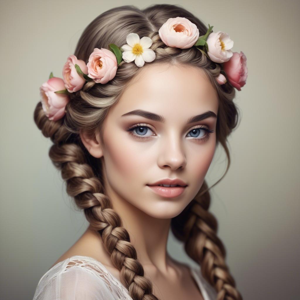 A stunning image of feminine beauty with flowers braided into her hair.