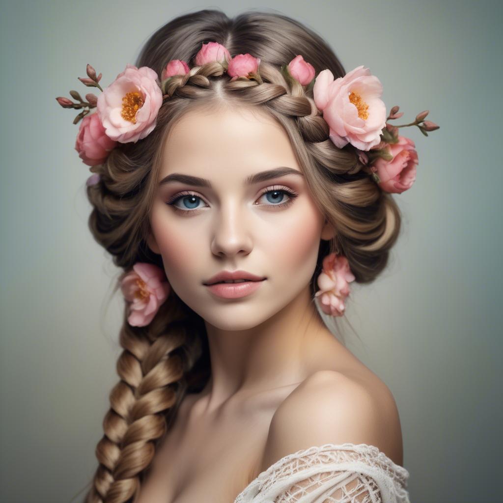 A stunning image of feminine beauty with flowers braided into her hair.