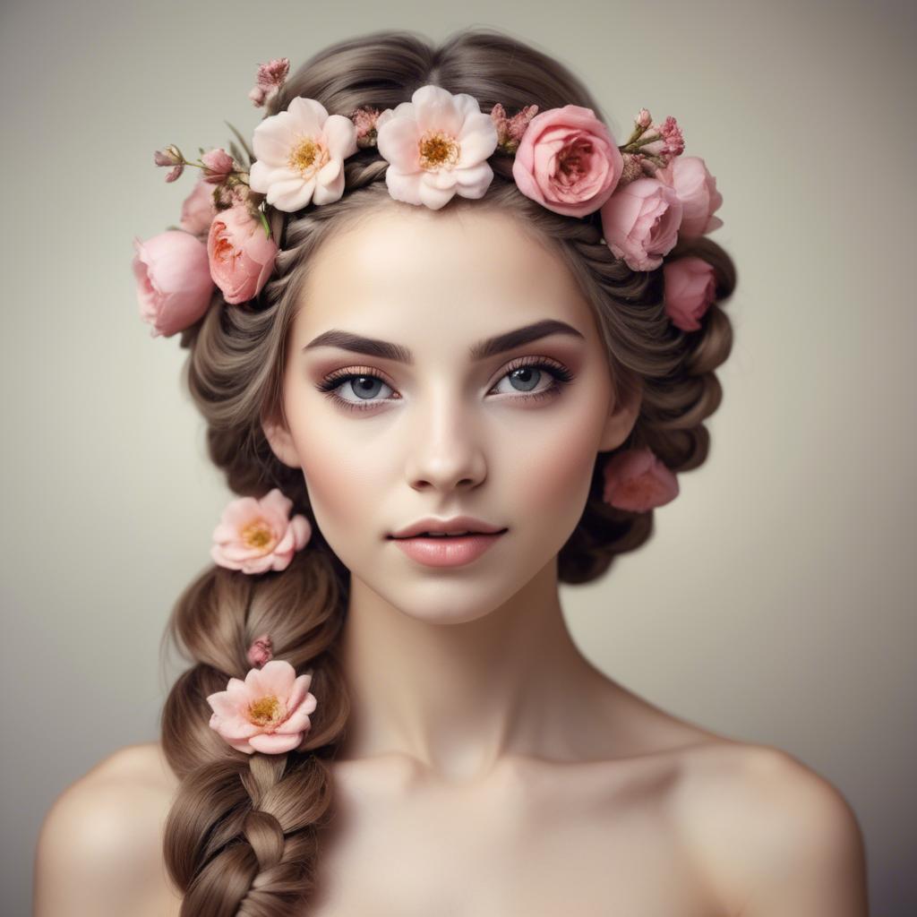 A stunning image of feminine beauty with flowers braided into her hair.